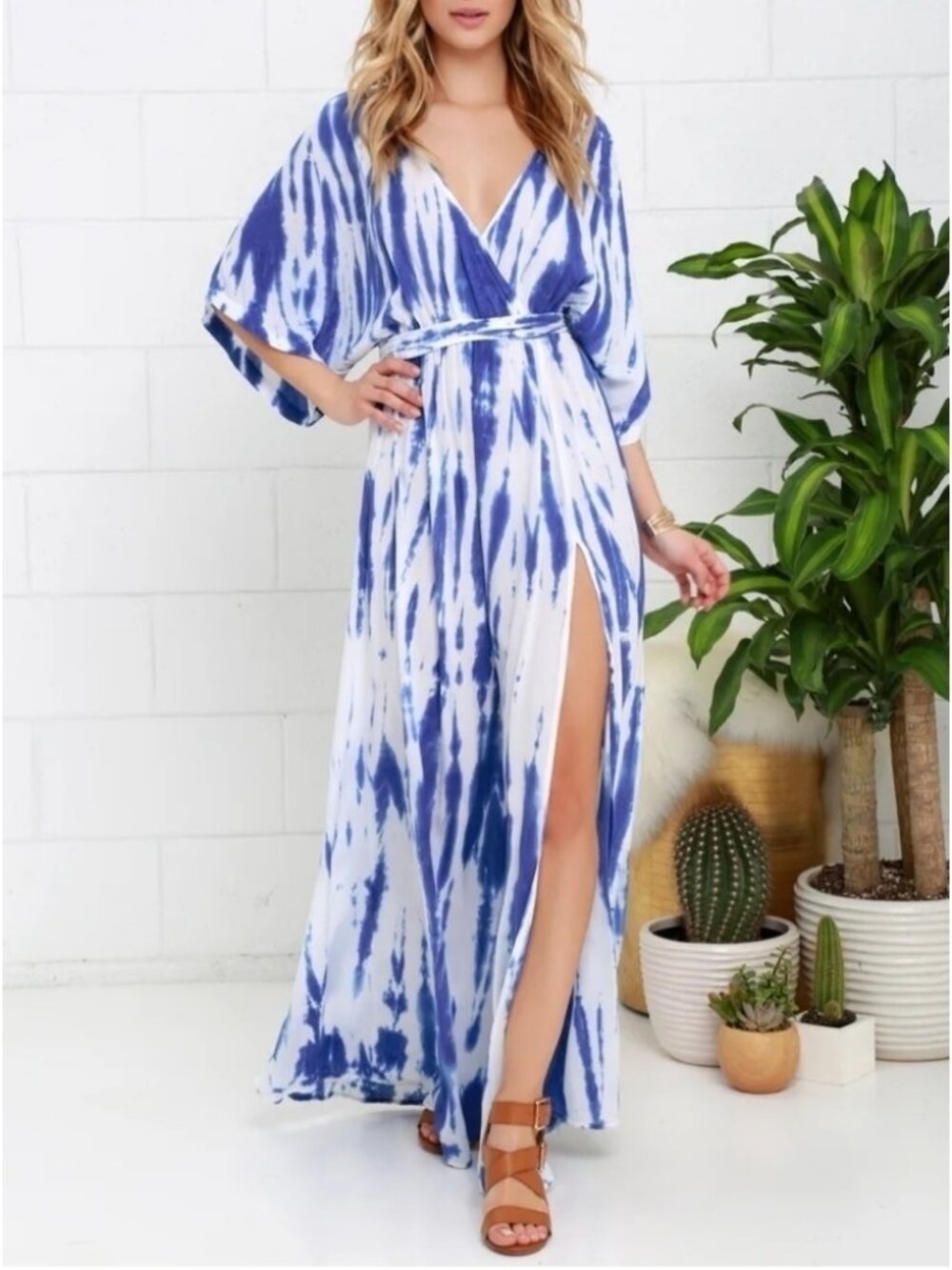 Lulus Blue Tie Dye Wrap Maxi Dress High Slit Boho Beach Resort